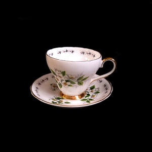 Vintage Royal Adderley  Simplicity Bone China Green Leaves White Blossoms Golden Rim Teacup & Saucer 2 Pieces Fine China Porcelain Tea Set