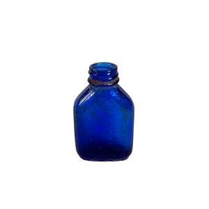 Antique Vintage Victorian Cobalt Blue Glass Rectangular Shape Miniature Medicine Bottle Vase Unique Display Rustic Farmhouse Decor
