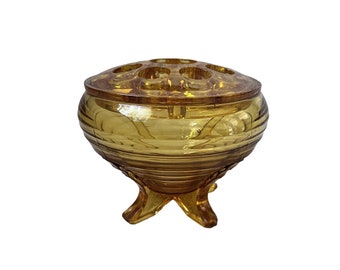 Vintage Sowerby Art Deco Glasroskål med Blomgrodlock 1930-talet Pressad Brun Bärnstensfärgad Glasvas Randigt Mönster Bukett Retro Dekor