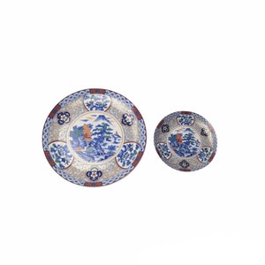 2 x Vintage Japan Tozan Oriental Decorative Plates Grey Blue Imari Mount Fuji Fujiyama Pattern Home Decor