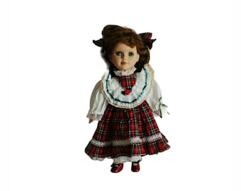 Muñeca de porcelana vintage decorativa de colección, niña con vestido a cuadros rojos, cabello castaño y lazo, idea de regalo, decoración para habitación infantil
