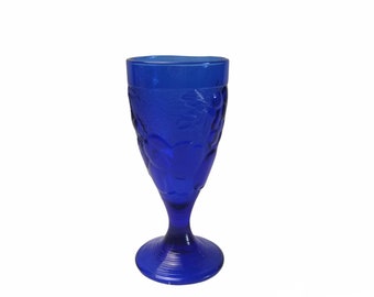 Vintage Luminarc Cobalt Blue Glass Goblet Wine Glass Sundae Ice Cream Fruits Pattern Embossed Wedding Table Retro Decor France