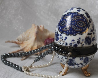 Portagioie A Uovo Stile Imperiale Con Leoni E Corona HERCHR: Scatola Portagioelli Smaltata E Decorata Con Strass, Blu Vintage