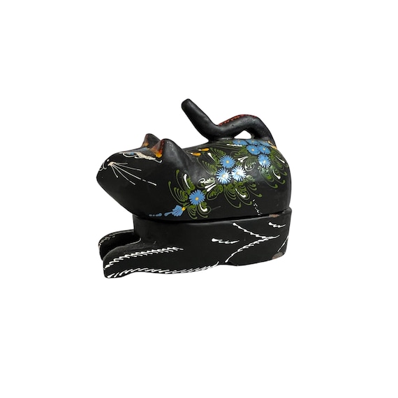 Vintage Thailand Made Black Lacquer Mango Wood Hand Painted Cat Trinket Ring Box Novica Collection Collectible Figure Ornament