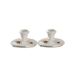 Vintage Royal Albert Poinsettia Bone China Small Candle Stick Holders Set England Porcelain Christmas Decor White Red Flowers Golden Rims
