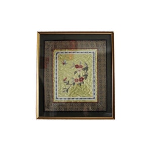 Vintage Embroidery Wall Decor Embroidered Butterfly Flowers Chinese Oriental Asian Art Work Silk Framed Panel Golden Green Wooden Frame Gift