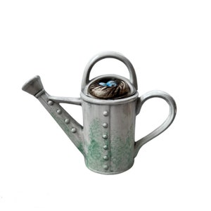 Vintage Novelty Teapot Garden Watering Can Birds Nest Eggs Design Light Grey Green Collectible TeaPottery Ceramic Ornament Easter Decor