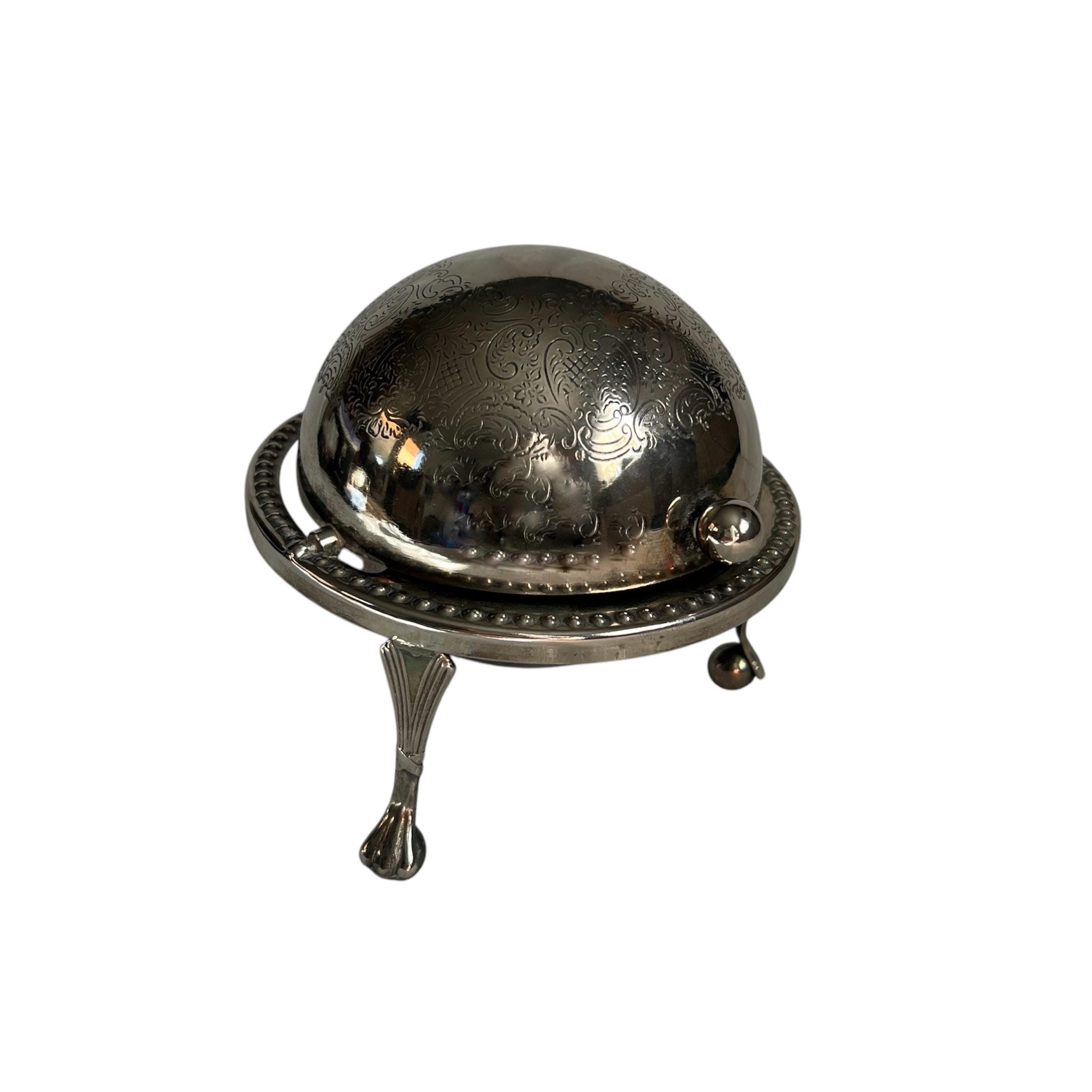Vintage Silver Plated Steel Caviar Butter Dish Roll Top Globe Round Footed Ashtray Queen Anne Style England Dining Tableware Decor