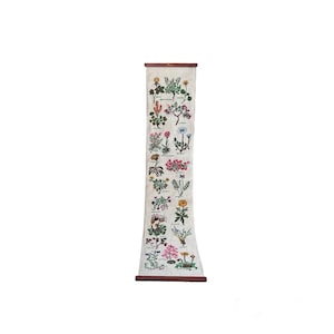 Vintage Floral Bell Pull Wooden Fitting Wall Hanging Linen Block Printed Embroidery Effect Art Norvegian Herbals Names Retro Farmhouse Decor