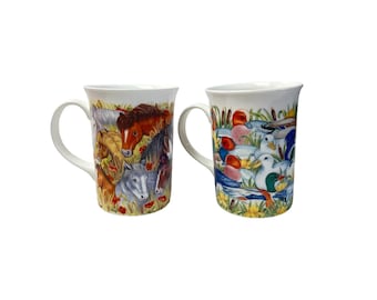 Vintage Queens Fine Bone China Ducks Horses Mug Farmyard Collection Colourful Multicolour Birds or Ponies Porcelain Tea Coffee Cup