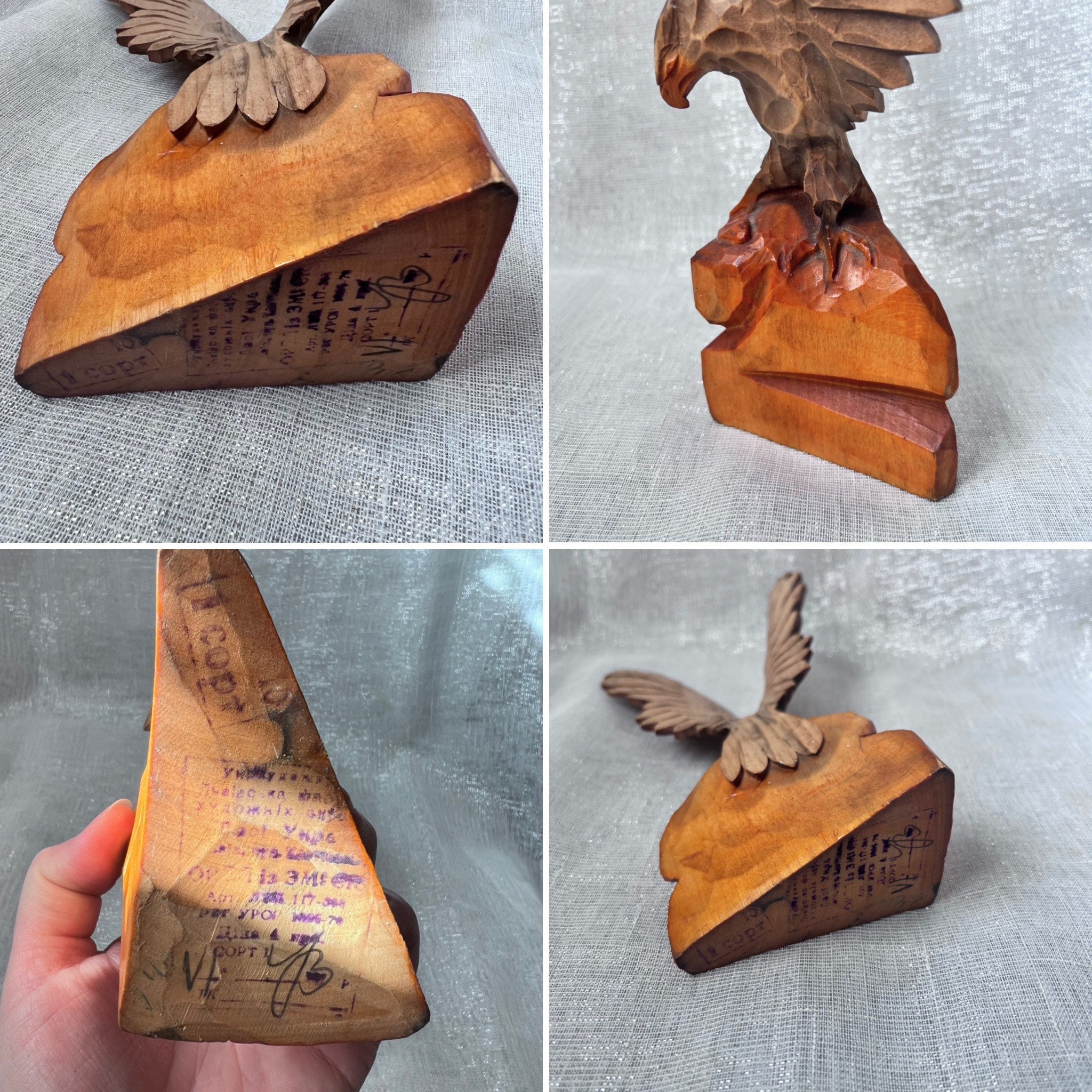 ヴィンテージ ソ連 手彫り 蛇を捕まえる鷲の鳥 置物 木製彫刻像 タン