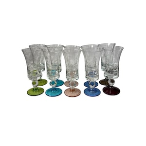 Vintage Small Liqueur Shot Sherry Schooner Glasses Retro Glassware Barware Hand Blown Clear Glass Multicolored Base Etched Flowers Patterned