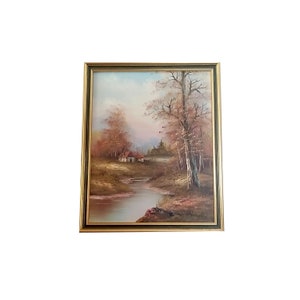 Vintage Sign by Artist Bennett Oil Canvas Painting Wall Art Autumn Tree Cottage Farmhouse River Landscape Gold Frame Home Office Decor