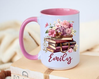 Personalized Floral Books Coffee Mug, Custom Bookworm Gift