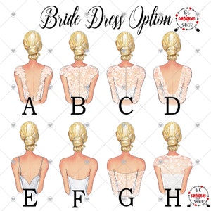 May include: Illustration of eight bridal dress options, each featuring a different back design. The image includes the text "Bride Dress Option" and the shop's logo. The dresses showcase various lace and strap styles, with a focus on the back details.