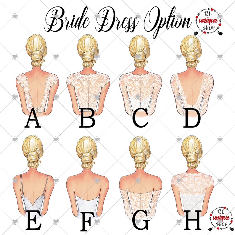 May include: Illustration of eight bridal dress options, each featuring a different back design. The image includes the text "Bride Dress Option" and the shop's logo. The dresses showcase various lace and strap styles, with a focus on the back details.