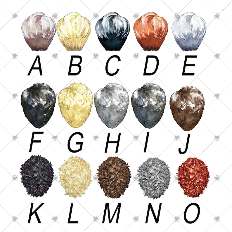 May include: A set of 15 watercolor illustrations of different hair colors and styles. The illustrations are arranged in three rows of five, labeled with letters A through O.