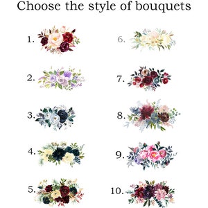 May include: Ten different styles of bouquets with various colours and flower arrangements. The bouquets feature a mix of white, pink, burgundy, and blue flowers.