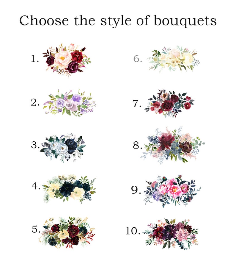 May include: Ten different styles of bouquets with various colours and flower arrangements. The bouquets feature a mix of white, pink, burgundy, and blue flowers.