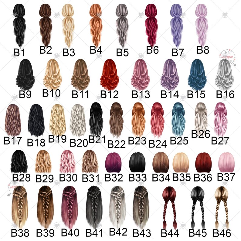 May include: A collection of illustrated hairstyles in various colors, including black, brown, blonde, red, and purple. Each hairstyle is labeled with a letter and number combination, such as B1, B2, and B3.