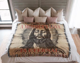 Woven Jesus Blanket, A Mother's Love is Eternal, Vintage Christian Throw