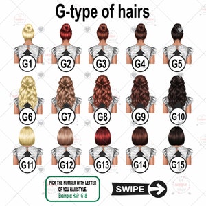 May include: An image showcasing 15 different hairstyles, each labeled with a letter and number combination, such as G1, G2, and G3. The hairstyles range from buns to flowing curls and bobs, with a prompt to select a style.