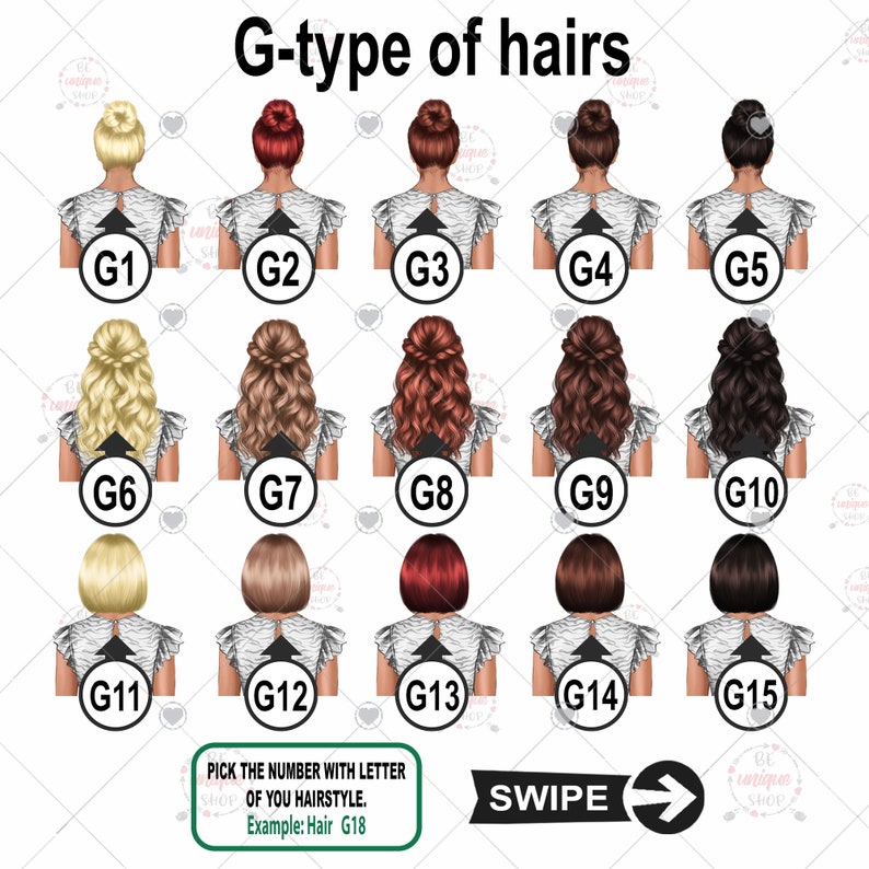 May include: An image showcasing 15 different hairstyles, each labeled with a letter and number combination, such as G1, G2, and G3. The hairstyles range from buns to flowing curls and bobs, with a prompt to select a style.