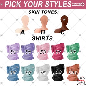 Puede incluir: Un gr&aacute;fico que muestra diferentes tonos de piel y colores de camisas para elegir. Los tonos de piel est&aacute;n etiquetados como A, B y C. Los colores de las camisas est&aacute;n etiquetados como D1 a D10. El texto "Pick Your Styles" est&aacute; en la parte superior del gr&aacute;fico.