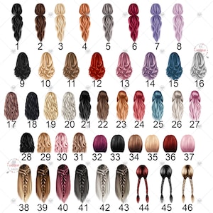 Puede incluir: Un conjunto de 46 peinados diferentes para arte y dise&ntilde;o digital. Los peinados se muestran en varios colores, incluidos el negro, el marr&oacute;n, el rubio, el rojo, el rosa y el morado. Los peinados est&aacute;n todos en vista posterior.