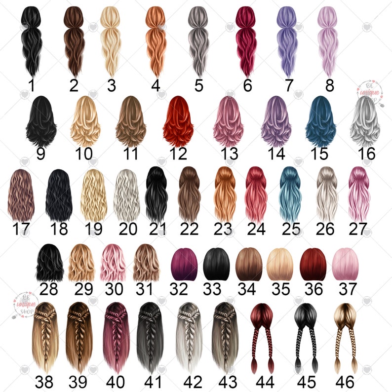 Puede incluir: Un conjunto de 46 peinados diferentes para arte y dise&ntilde;o digital. Los peinados se muestran en varios colores, incluidos el negro, el marr&oacute;n, el rubio, el rojo, el rosa y el morado. Los peinados est&aacute;n todos en vista posterior.
