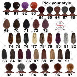 May include: A collection of illustrated hairstyles, each numbered, with a variety of colors and textures. The image includes text that says "Pick your style" and the logo for "BE unique SHOP".