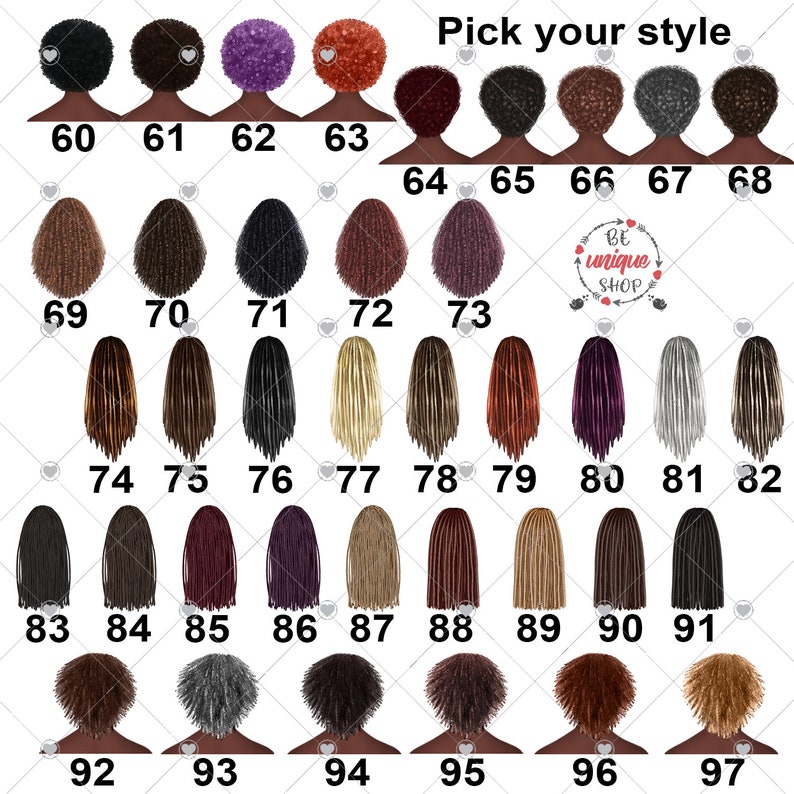 May include: A collection of illustrated hairstyles, each numbered, with a variety of colors and textures. The image includes text that says "Pick your style" and the logo for "BE unique SHOP".