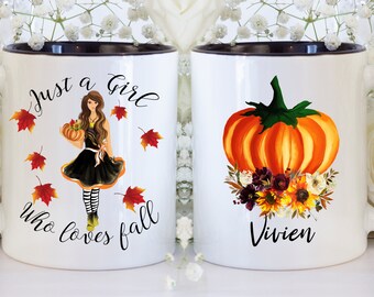 Fall Girl Pumpkin Mug, Personalized Autumn Coffee Mug