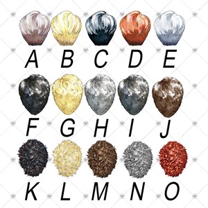 May include: A collection of watercolor illustrations of various hairstyles, each with a unique color and texture. The hairstyles are labeled with the letters A through O, showcasing a range of colors from blonde to black and brown.