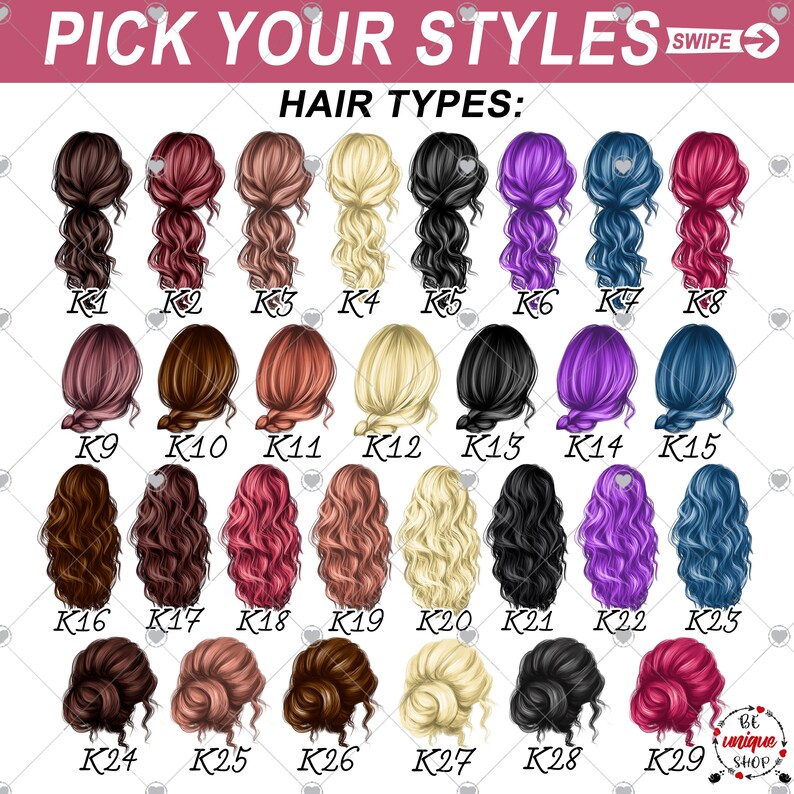 May include: An image with the text "PICK YOUR STYLES" and "HAIR TYPES:" displays 29 different illustrated hairstyles in various colors, labeled K1 through K29. The hairstyles range from long wavy styles to updos.