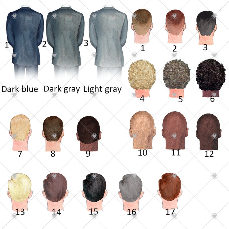 May include: A chart featuring 17 different illustrations of men's hairstyles. The hairstyles are numbered 1 through 17. The chart also includes three different suit colours: dark blue, dark grey, and light grey.
