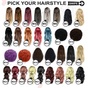 May include: An illustration with 31 different hairstyles, each labeled with a letter and number combination. The hairstyles range from braids and ponytails to curly and straight styles, in various colors including blonde, brown, black, and red. The text "PICK YOUR HAIRSTYLE" is at the top.