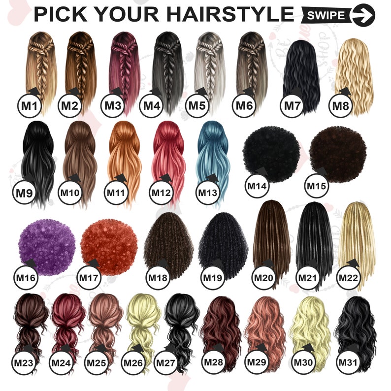 May include: An illustration with 31 different hairstyles, each labeled with a letter and number combination. The hairstyles range from braids and ponytails to curly and straight styles, in various colors including blonde, brown, black, and red. The text "PICK YOUR HAIRSTYLE" is at the top.