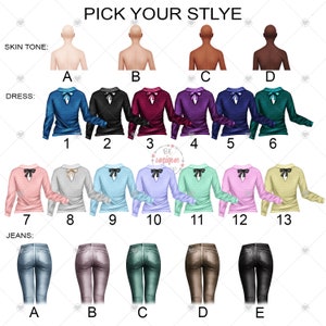 Peut inclure: Illustration avec des options de tons de peau, de robes et de jeans. Les robes sont disponibles en plusieurs couleurs, notamment bleu, noir, bordeaux, violet, sarcelle, rose, gris, bleu clair, lavande, menthe et jaune. Les jeans sont disponibles en bleu, violet, vert, marron et noir.