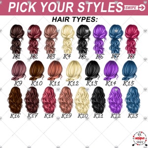 May include: A graphic featuring 23 different hairstyles in various colors, labeled K1 through K23. The text "PICK YOUR STYLES" and "HAIR TYPES" is at the top. The image includes the shop's logo in the bottom right corner.