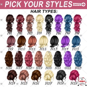 Puede incluir: Un gr&aacute;fico con 29 peinados diferentes para mujeres. Los peinados est&aacute;n etiquetados con n&uacute;meros del H1 al H29. El gr&aacute;fico tiene el t&iacute;tulo "Elige tus estilos" y "Tipos de cabello".