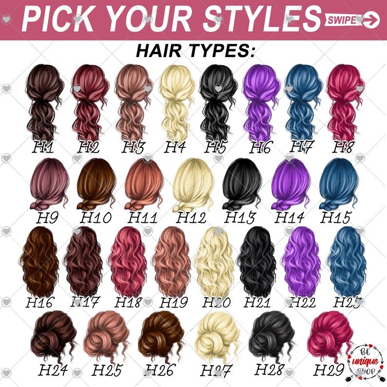 Puede incluir: Un gr&aacute;fico con 29 peinados diferentes para mujeres. Los peinados est&aacute;n etiquetados con n&uacute;meros del H1 al H29. El gr&aacute;fico tiene el t&iacute;tulo "Elige tus estilos" y "Tipos de cabello".