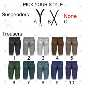 Peut inclure: Image avec le texte &laquo;&nbsp;CHOISISSEZ VOTRE STYLE&nbsp;&raquo;. Elle pr&eacute;sente des options de bretelles et de pantalons. Les options de bretelles sont en forme de Y ou de X noires. Les pantalons sont pr&eacute;sent&eacute;s en diff&eacute;rentes couleurs&nbsp;: noir, gris, blanc, marron, vert et bleu.