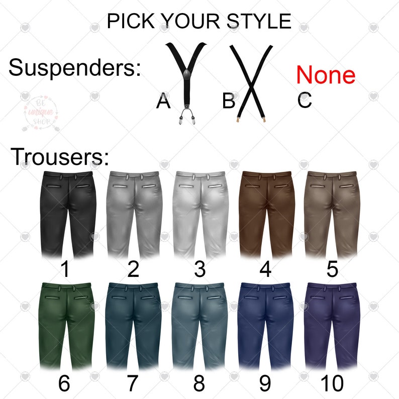 Peut inclure: Image avec le texte &laquo;&nbsp;CHOISISSEZ VOTRE STYLE&nbsp;&raquo;. Elle pr&eacute;sente des options de bretelles et de pantalons. Les options de bretelles sont en forme de Y ou de X noires. Les pantalons sont pr&eacute;sent&eacute;s en diff&eacute;rentes couleurs&nbsp;: noir, gris, blanc, marron, vert et bleu.