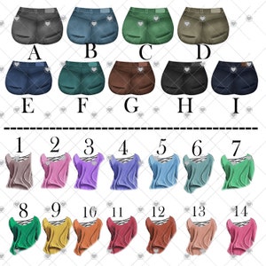 May include: An assortment of digitally illustrated clothing items. The top row features shorts in various colors: gray, blue, green, olive, and navy. The bottom row displays tops in shades of pink, purple, blue, green, and orange.