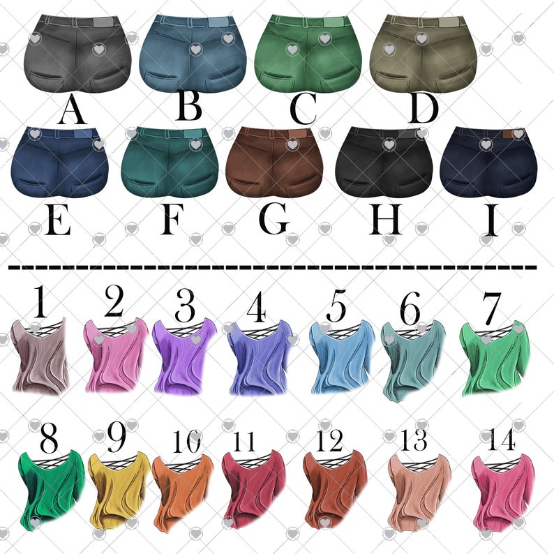 May include: An assortment of digitally illustrated clothing items. The top row features shorts in various colors: gray, blue, green, olive, and navy. The bottom row displays tops in shades of pink, purple, blue, green, and orange.