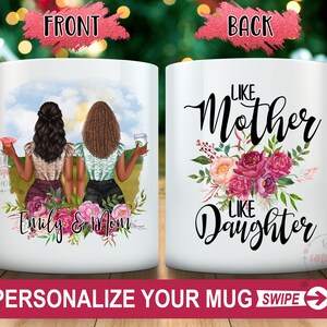 May include: White ceramic mug featuring a personalized design. The front displays two figures with the text "Emily & Mom" and floral accents. The back of the mug reads "Like Mother Like Daughter" with floral embellishments. The mug is designed for personalization.