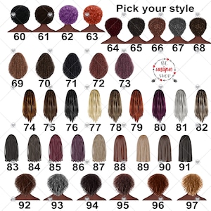 Puede incluir: Un gr&aacute;fico de 97 peinados diferentes para mujeres. Los peinados est&aacute;n numerados del 60 al 97. Los peinados son todos negros, marrones, rubios o rojos. Los peinados son todos de diferentes estilos, incluyendo trenzas, rastas y afros.