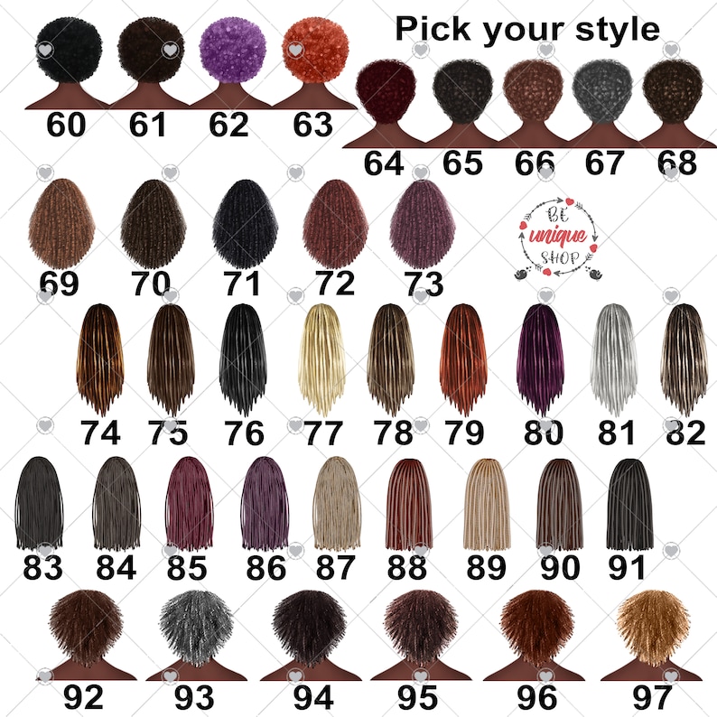 Puede incluir: Un gr&aacute;fico de 97 peinados diferentes para mujeres. Los peinados est&aacute;n numerados del 60 al 97. Los peinados son todos negros, marrones, rubios o rojos. Los peinados son todos de diferentes estilos, incluyendo trenzas, rastas y afros.