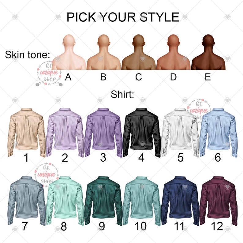 Puede incluir: Una imagen con el texto &laquo;PICK YOUR STYLE&raquo; y opciones de tono de piel y color de camisa. Se muestran las opciones de tono de piel de la A a la E. Se muestran las opciones de camisa de la 1 a la 12 en varios colores, incluyendo beige, morado, negro y azul.